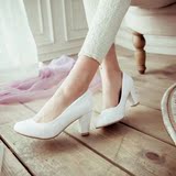 2016夏季新款白色高跟粗跟浅口时装女式皮鞋女鞋女款单鞋女士鞋子