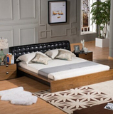 北欧田园/宜家挪亚家风格现代简约胡桃木色软包双人皮床板式床