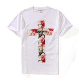 香港代购2016夏季新款supreme十字架花卉男女款情侣装圆领短袖T恤