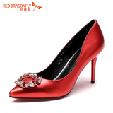 红蜻蜓真皮女单鞋子 2016新款水钻扣饰高跟女士正装皮鞋 红色婚鞋