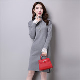 冬季新款韩版女装羊绒衫纯色针织蕾丝打底连衣裙中长款套头厚毛衣