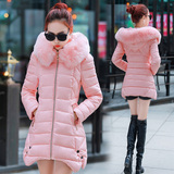 2015冬装新款韩版羽绒服女中长款修身大毛领加厚轻薄羽绒棉衣外套