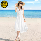 波西米亚沙滩裙中长款连衣裙前短后长白色燕尾仙女裙海滩海边度假