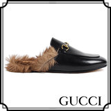 Gucci古奇歐洲進口真皮平底半拖女鞋懶人鞋平底毛毛拖鞋日本直郵