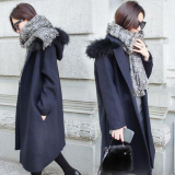 makiya！韩版新品冬季女装新款 大毛领修身呢衣中长款外套