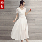 夏季新款雪纺连衣裙夏长裙修身显瘦中长款坊韩版短袖纯白色裙子仙