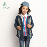 童装2016韩版女童春秋装新款时尚中长款连帽牛仔外套儿童牛仔风衣
