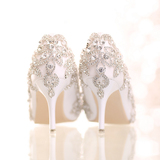 优雅水晶鞋婚鞋高跟鞋白色水钻新娘鞋细跟女鞋尖头中跟单鞋春季