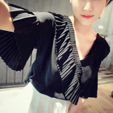 韩国代购夏季风琴v领雪纺衫荷叶边短袖超仙百褶上衣宽松衬衫女装