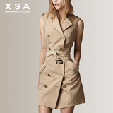 XSA欧美2015秋冬新品修身气质简约双排扣中长款休闲风衣女外套薄