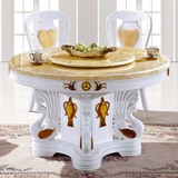 大理石餐桌餐厅欧式实木自带转盘圆餐桌椅组合手工雕花多功能餐桌