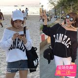 2016夏季新款韩国时尚宽松显瘦露肩V领字母印花长袖T恤女上衣学生