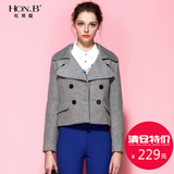 honb红贝缇冬季新款直筒复古双排扣纯色短款长袖大衣外套 W34016