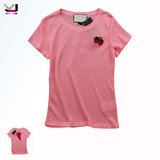 走秀款甜美可爱草莓刺绣粉色短袖 显瘦后背编织爱心贴布针织T恤女
