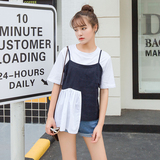韩版女装夏季小清新假两件宽松短袖t恤韩范不规则学生显瘦上衣潮