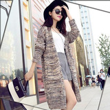2015秋冬韩国版加厚棒针粗线毛衣混色针织开衫女长袖中长款外套装