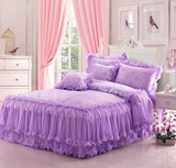 全棉贡缎韩版四件套韩式紫粉红公主蕾丝被套床裙罩床品1.5/1.8m冬