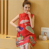 复古旗袍韩版大码孕妇夏装修身显瘦大红色连衣裙立领无袖印花优雅