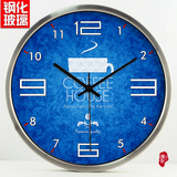 包邮现代客厅简约蓝点咖啡创意 酒吧装饰钟表钢化玻璃静音挂钟46