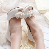 韩国女鞋正品代购2016春款新款白色鱼嘴珍珠婚纱新娘鞋