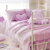 韩国蕾丝儿童公主风田园粉紫色全棉床上用品纯棉四件套床裙式床单