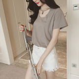 夏季女装新品韩国修身简约打底衫个性领口流苏白色短袖t恤女上衣