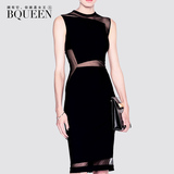 Bqueen2016欧美新款时尚拼接网纱露腰性感绷带连衣裙中裙夏一步裙