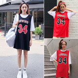 2016夏装新款韩版宽松中长款短袖T恤数字印花篮球衣服女装学生 潮