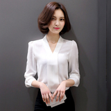 雅芙莉姿2016春季新款韩版套头雪纺衬衫女装长袖和服V领衬衣