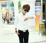 男装夏季男士薄款长袖衬衫韩版修身纯白色长款衬衣青少年潮男衣服