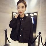 蘑菇街2016春夏季新品韩版女装单排扣长袖短款口袋薄款夹克外套潮
