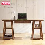 美式乡村台式纯 实木书桌 写字台创意个性电脑桌带书架复古办公桌