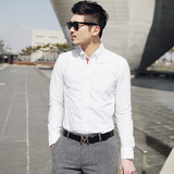 韩国代购男装衬衣个性色织条纹韩版修身潮流男士时尚休闲长袖衬衫