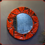 浴室镜 卫生间墙上装饰品中式复古圆镜 红色镜子 仿古壁挂式镜