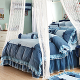 韩式纯色 纯棉蓝色四件套 床裙荷叶花边公主床上用品 地中海风格