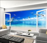 现代简约3D唯美海滩风景客厅卧室背景墙装饰窗外风景墙纸墙画包邮