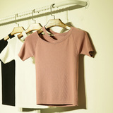 韩国代购东大门 纯色圆领短袖短款针织衫薄款修身显瘦紧身t恤女夏