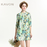 Kavon/卡汶 秋装新款设计师品牌 艺术印花图案七分袖衬衫式连衣裙
