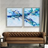 幻蓝现代简约客厅玄关卧室沙发背景墙装饰挂画二联纯手绘抽象油画