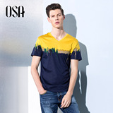 OSA欧莎2015夏季新款男装V领短袖印花撞色套头衫T恤衫潮MT517001