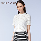 EKWQ短袖镂空蕾丝衫拼接修身显瘦上衣夏季新款纯色立领雪纺衫1674
