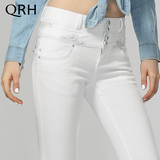 QRH2016春季高腰排扣白色牛仔裤女长裤大码显瘦直筒牛仔裤子Q180