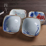 新品手绘陶瓷荷花饭碗古朴四方料理小汤碗中式艺术餐具景德镇制