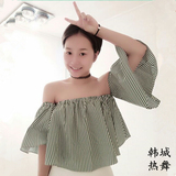 韩国正品　一字领新款灯笼袖条纹衬衫上衣女小性感显瘦2016夏季