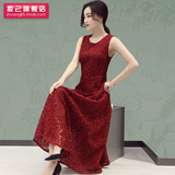 韩国红色无袖蕾丝连衣裙长裙女装 夏季新款修身性感礼服背心裙子