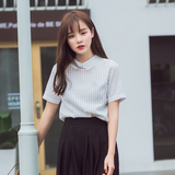 韩版夏季百搭显瘦娃娃领纯色甜美衬衫格子欧根纱蕾丝短袖上衣女装