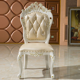 欧式餐椅法式象牙白全实木雕花橡木真皮软包椅餐桌椅组合靠背椅子