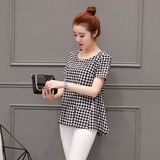 2016夏季新款黑白格子衬衫女装韩版A字型短袖中长款宽松衬衣潮