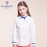 卡米尼童装2016春装新款女童长袖衬衫中大童学院纯棉白色立领衬衣
