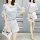 夏季韩版女装夏装新款蝴蝶结短袖雪纺上衣短裤两件套时尚套装女潮